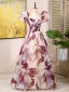 Chic / Beautiful Burgundy Printing Prom Dresses 2024 A-Line / Princess Square Neckline Puffy Short Sleeve Backless Floor-Length / Long Prom Formal Dresses