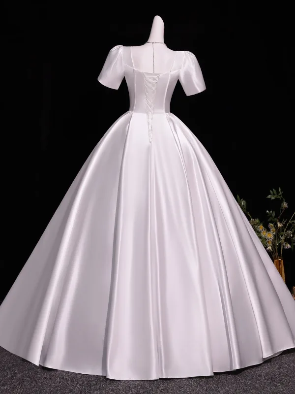 Vintage / Retro Ivory Pearl Appliques Prom Dresses 2026 Ball Gown Scoop Neck Short Sleeve Backless Floor-Length / Long Formal Dresses