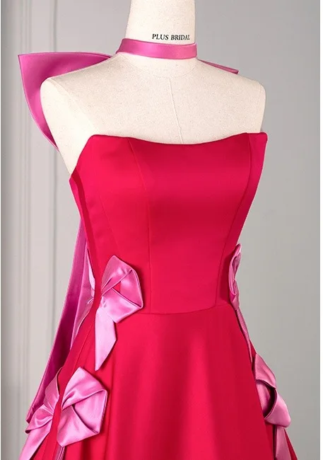Charmant Fushia Noeud Satin Robe De Bal 2025 Robe Boule Bustier Sans Manches Dos Nu Train De Balayage Robe De Ceremonie