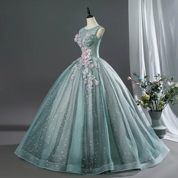 Vintage / Retro Mint Green Beading Appliques Prom Dresses 2026 Ball Gown Scoop Neck Sleeveless Backless Floor-Length / Long Formal Dresses