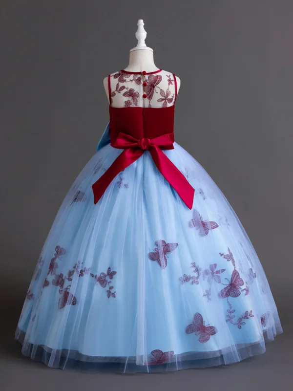 Chic / Beautiful Sky Blue Lace Flower Sequins Flower Girl Dresses 2024 Ball Gown Birthday Sleeveless Scoop Neck Bow Floor-Length / Long