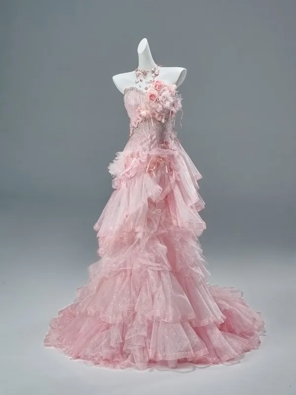 Luxe Charmant Rose Bonbon Perlage Paillettes Appliques Volants en Cascade Robe De Soirée 2026 Trompette / Sirène Bustier Sans Manches Dos Nu Train De Balayage Robe De Ceremonie