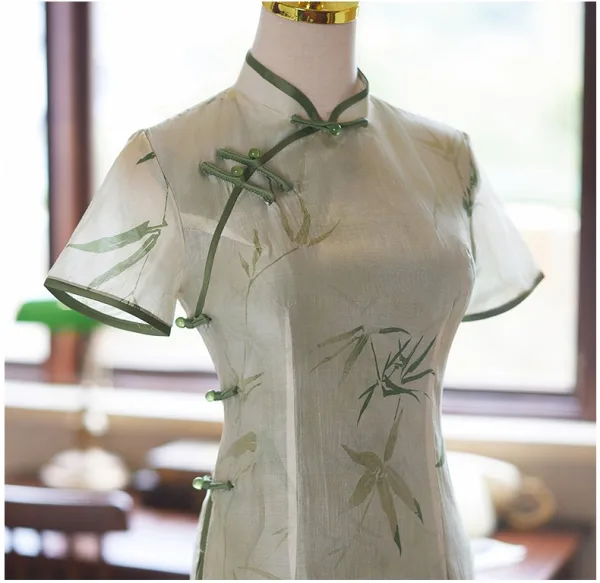 Chinese style Sage Green Printing Summer Tea-length Cheongsam 2024 Trumpet / Mermaid High Neck Short Sleeve