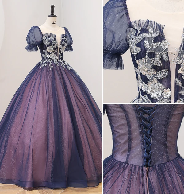 Vintage / Originale Bleu Marine Paillettes Robe De Bal 2022 Robe Boule Encolure Dégagée Manches Courtes Dos Nu Longue Promo Robe De Ceremonie