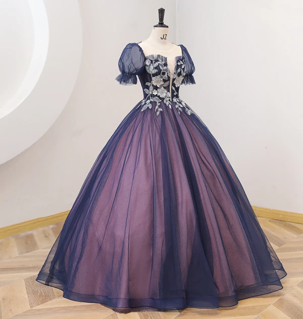 Vintage / Originale Bleu Marine Paillettes Robe De Bal 2022 Robe Boule Encolure Dégagée Manches Courtes Dos Nu Longue Promo Robe De Ceremonie