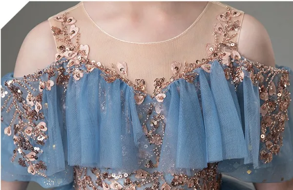 Chic / Beautiful Sky Blue Beading Sequins Birthday Flower Girl Dresses 2024 Ball Gown Scoop Neck Short Sleeve Floor-Length / Long
