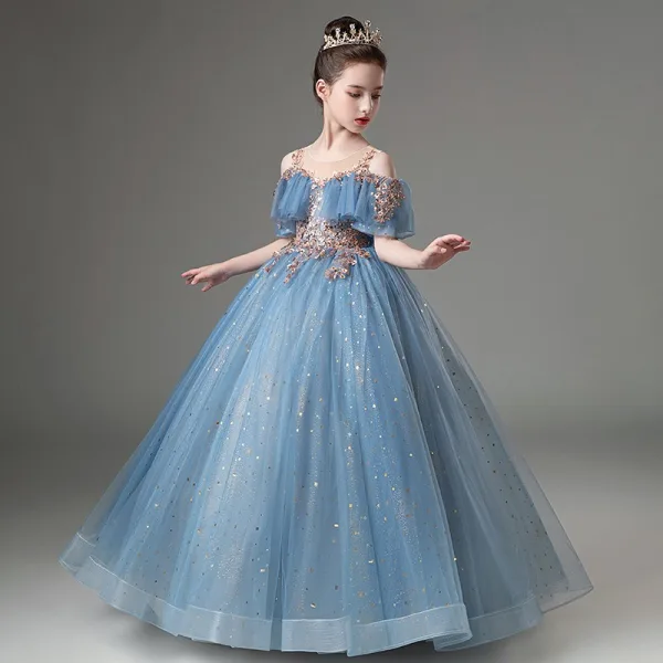 Chic / Beautiful Sky Blue Beading Sequins Birthday Flower Girl Dresses 2024 Ball Gown Scoop Neck Short Sleeve Floor-Length / Long