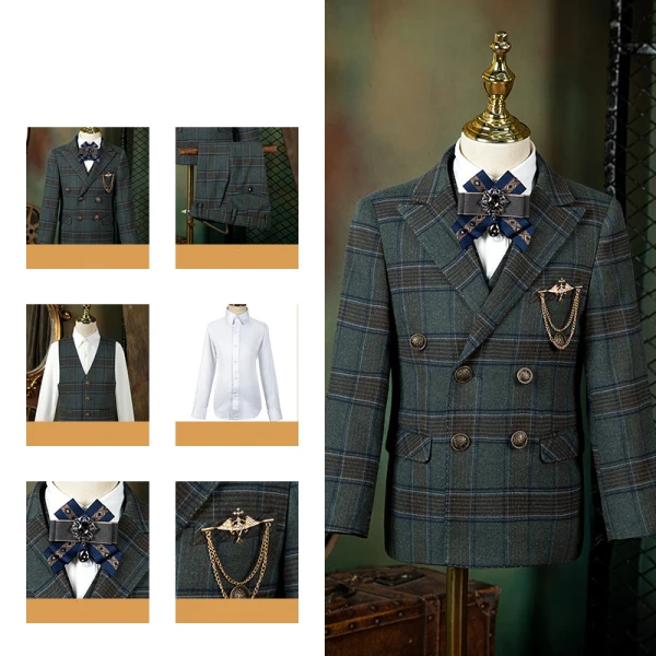 Ink Blue Plaid 6-piece Boys Wedding Suits 2022 Long Sleeve Body Jewellery Coat Pants Shirt Tie Vest
