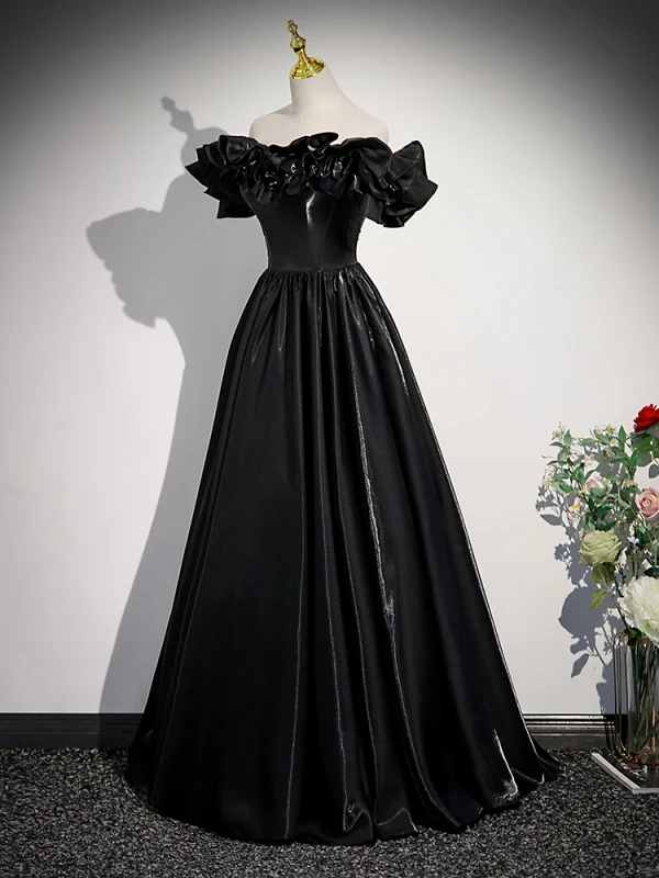 Elegant Black Prom Dresses 2023 A-Line / Princess Ruffle Off-The-Shoulder Short Sleeve Backless Floor-Length / Long Prom Formal Dresses