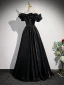 Elegant Black Prom Dresses 2023 A-Line / Princess Ruffle Off-The-Shoulder Short Sleeve Backless Floor-Length / Long Prom Formal Dresses