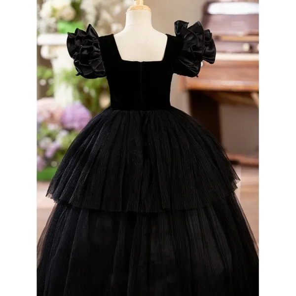 Chic / Beautiful Black Cascading Ruffles Birthday Flower Girl Dresses 2024 Square Neckline Ball Gown Puffy Short Sleeve Backless Floor-Length / Long