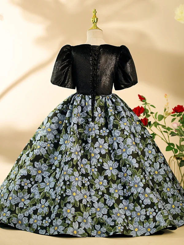 Vintage / Retro Black Rhinestone Floral Birthday Flower Girl Dresses 2024 Ball Gown Scoop Neck Short Sleeve Floor-Length / Long