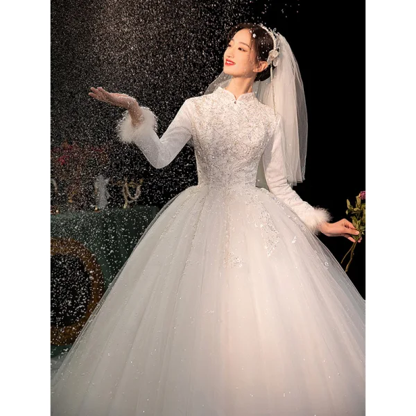 Muslim Elegant Ivory Beading Pearl Sequins Winter Wedding Dresses 2023 Ball Gown High Neck Long Sleeve Royal Train Wedding