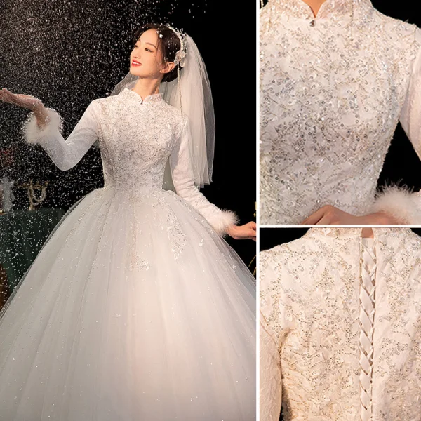 Muslim Elegant Ivory Beading Pearl Sequins Winter Wedding Dresses 2023 Ball Gown High Neck Long Sleeve Royal Train Wedding