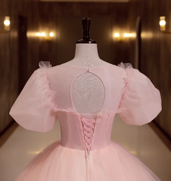 Chic / Belle Rougissant Rose Robe De Bal 2022 Robe Boule Encolure Dégagée Gonflée Manches Courtes Perlage Perle Faux Diamant Dos Nu Longue Robe De Ceremonie