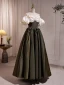 Vintage / Retro Dark Green Satin Prom Dresses A-Line / Princess 2023 Flower Off-The-Shoulder Puffy Short Sleeve Backless Floor-Length / Long Prom Formal Dresses