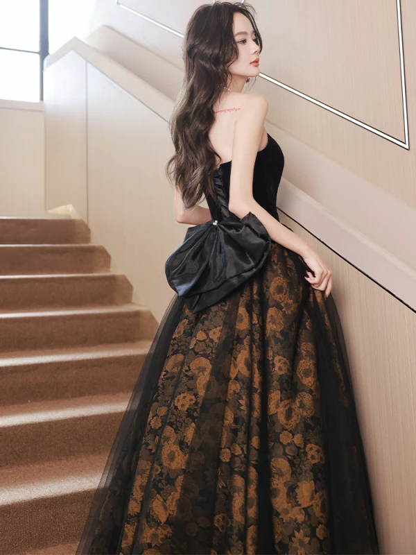 Sexy Black Evening Dresses 2023 A-Line / Princess Strapless Sleeveless Backless Bow Floor-Length / Long Evening Party Formal Dresses