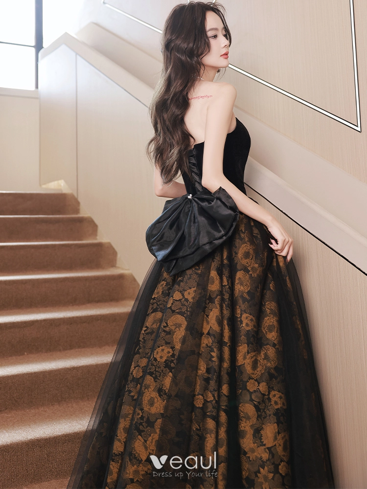 Sexy Black Evening Dresses 2023 A-Line / Princess Strapless Sleeveless Backless Bow Floor-Length / Long Evening Party Formal Dresses Sexy Black Evening Dresses 2023 A-Line / Princess Strapless Sleeveless Backless Bow Floor-Length / Long Evening Party Formal Dresses