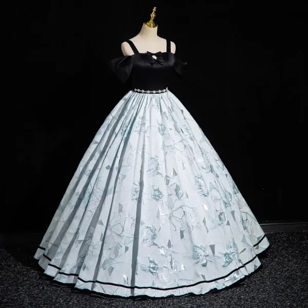 Elegant Black Printing Rhinestone Prom Dresses 2023 Ball Gown Spaghetti Straps Bow Short Sleeve Backless Floor-Length / Long Formal Dresses
