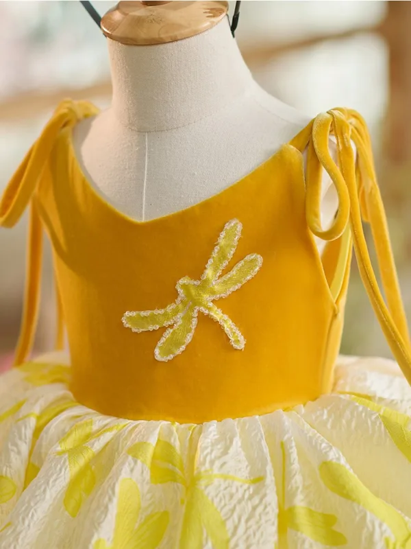 Chic / Beautiful Yellow Short Birthday Flower Girl Dresses 2024 Ball Gown V-Neck Sleeveless Backless