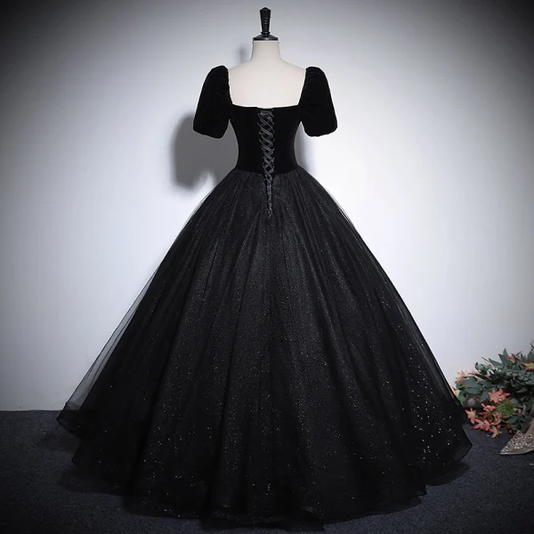 Audrey Hepburn Style Black Glitter Rhinestone Prom Dresses 2024 Ball Gown Square Neckline Short Sleeve Backless Floor-Length / Long Prom Formal Dresses