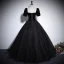 Audrey Hepburn Style Black Glitter Rhinestone Prom Dresses 2024 Ball Gown Square Neckline Short Sleeve Backless Floor-Length / Long Prom Formal Dresses