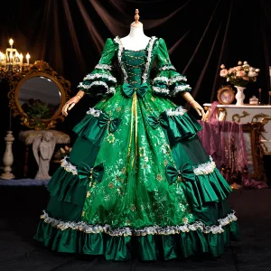 Medieval Vintage Retro Dark Green Lace Flower Sequins Bow Prom Dresses 2025 Ball Gown Square Neckline Bell Sleeves Floor Length Long Prom Formal Dresses