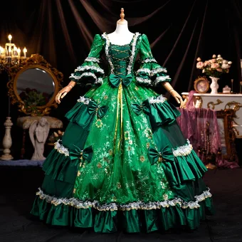 Médiévale Vintage Originale Vert Foncé En Dentelle Fleur Paillettes Noeud Robe De Bal 2025 Robe Boule Encolure Carrée Manches De Cloche Longue Promo Robe De Ceremonie