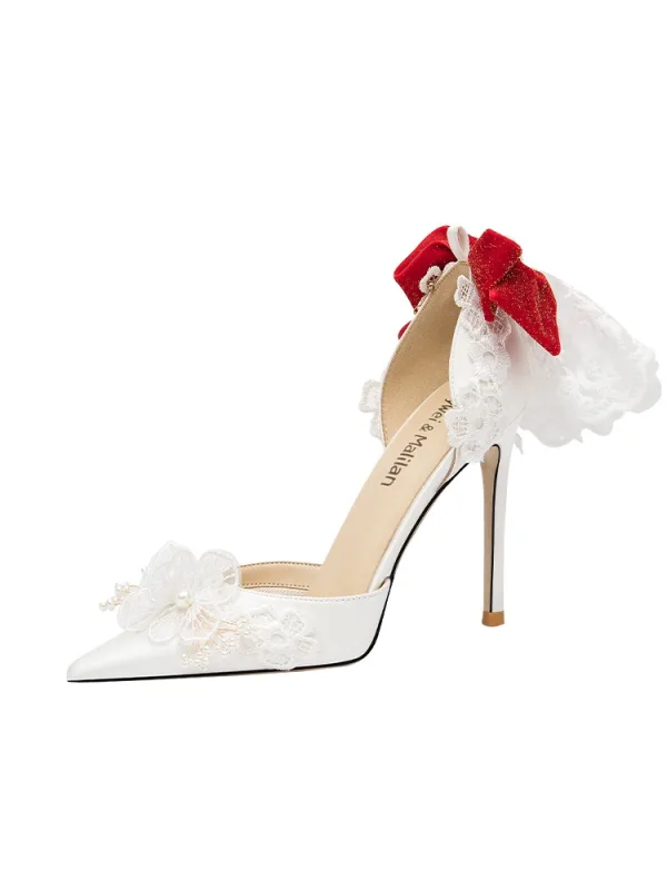Charming White Bow Lace Flower Wedding Shoes 2024 Leather 10 cm Stiletto Heels Pointed Toe Wedding High Heels