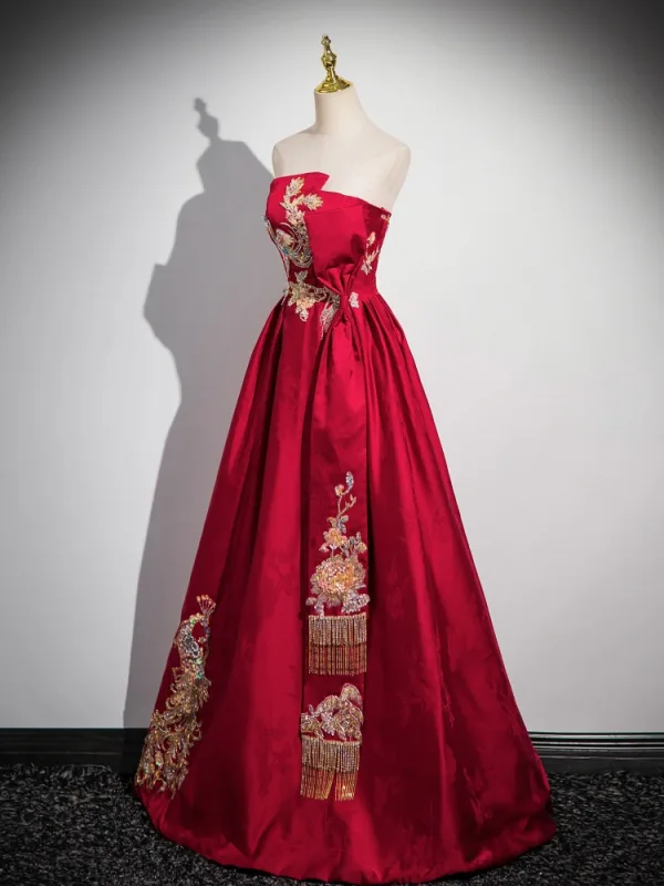Chinese style Burgundy Beading Embroidered Prom Dresses 2024 Satin Ball Gown Strapless Sleeveless Backless Floor-Length / Long Prom Formal Dresses
