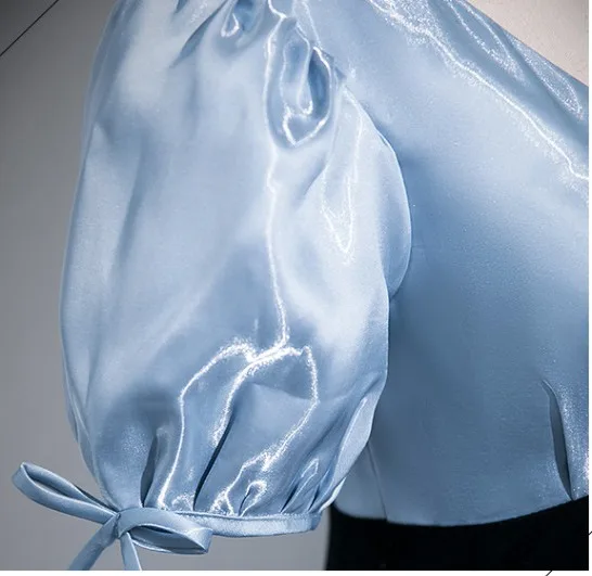 Chic / Beautiful Sky Blue Prom Dresses 2024 Ball Gown V-Neck Puffy Short Sleeve Backless Floor-Length / Long Prom Formal Dresses