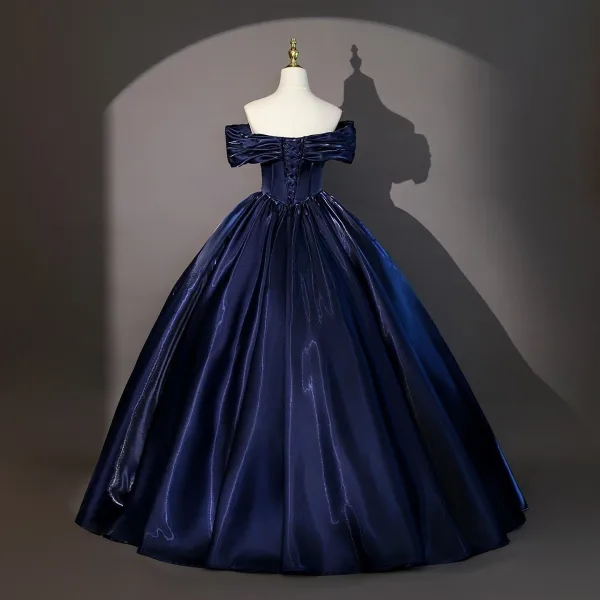 Vintage / Retro Navy Blue Prom Dresses 2026 Ball Gown Off-The-Shoulder Short Sleeve Backless Floor-Length / Long Formal Dresses