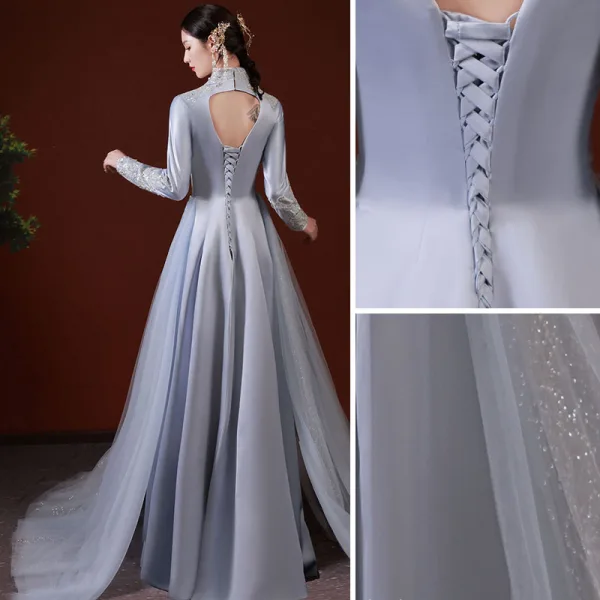 Chinese style Grey Beading Rhinestone Sequins Prom Dresses 2022 A-Line / Princess Satin High Neck Long Sleeve Backless Floor-Length / Long Formal Dresses