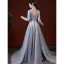 Chinese style Grey Beading Rhinestone Sequins Prom Dresses 2022 A-Line / Princess Satin High Neck Long Sleeve Backless Floor-Length / Long Formal Dresses