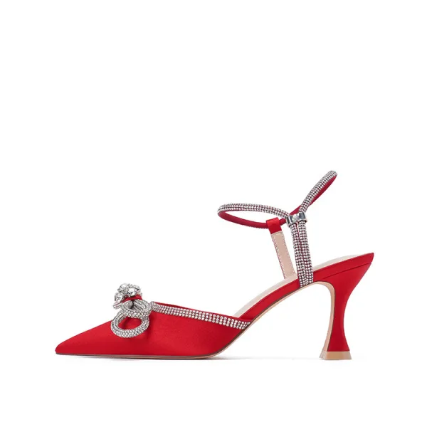 Sexy Rougissant Rose Soirée Faux Diamant Noeud Sandales Femme 2022 Bride Cheville 6 cm Talons Aiguilles À Bout Pointu Sandales Talons Hauts