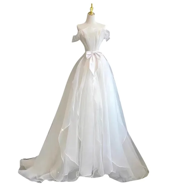 Fashion White Bow Wedding Dresses 2023 A-Line / Princess Strapless Sleeveless Backless Sweep Train Wedding