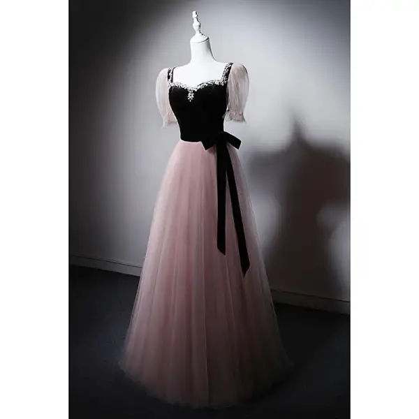 Chic / Beautiful Blushing Pink Rhinestone Prom Dresses 2025 A-Line / Princess Square Neckline Short Sleeve Backless Bow Sash Floor-Length / Long Prom Formal Dresses