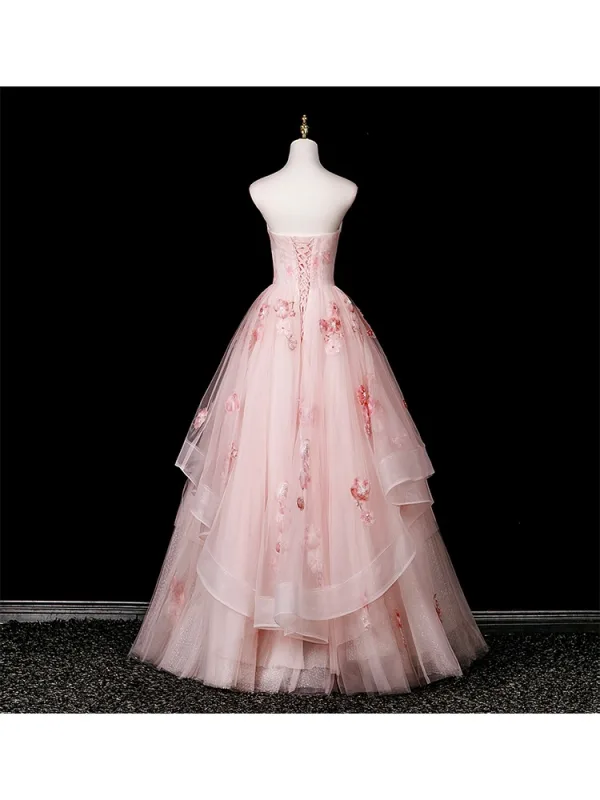 Flower Fairy Blushing Pink Beading Appliques Prom Dresses 2025 Ball Gown Strapless Sleeveless Backless Floor-Length / Long Formal Dresses