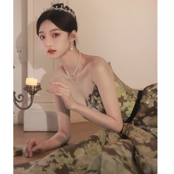 Vintage / Retro Army Green Printing Prom Dresses 2022 A-Line / Princess Strapless Sleeveless Backless Sash Floor-Length / Long Prom Formal Dresses
