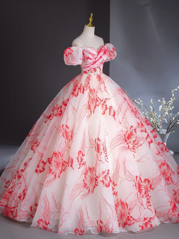 Elegant White Printing Prom Dresses 2024 Ball Gown Off-The-Shoulder Puffy Short Sleeve Backless Floor-Length / Long Prom Formal Dresses