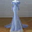 Mode Charmant Bleu Ciel Perlage Paillettes Robe De Soirée 2023 Trompette / Sirène De l'épaule Manches Courtes Dos Nu Noeud Train De Balayage Soirée Robe De Ceremonie