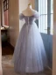 Chic / Beautiful Lavender Beading Appliques Prom Dresses 2024 A-Line / Princess Off-The-Shoulder Short Sleeve Backless Floor-Length / Long Tulle Prom Formal Dresses