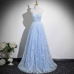 Sexy Himmelen Blå Beading Paljetter Ballkjoler 2025 Prinsesse Holder Uten Ermer Ryggløse Feie Tog Formelle Kjoler