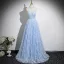 Sexy Sky Blue Beading Sequins Prom Dresses 2025 A-Line / Princess Halter Sleeveless Backless Sweep Train Formal Dresses