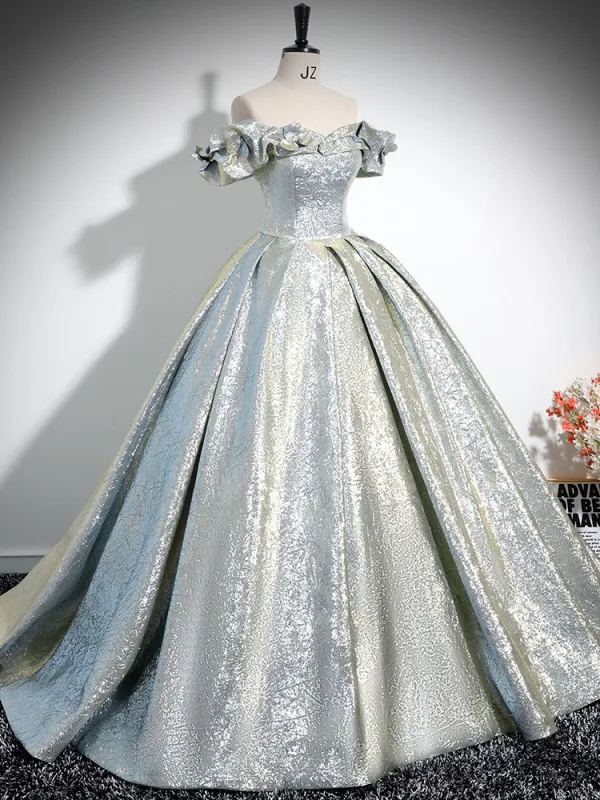 Charming Gold Silver Prom Dresses 2024 Ball Gown Ruffle Off-The-Shoulder Short Sleeve Backless Sweep Train Prom Formal Dresses