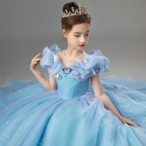 Cinderella Charming Pool Blue Star Sequins Flower Girl Dresses 2022 Ball Gown Scoop Neck Lace Butterfly Short Sleeve Floor-Length / Long Flower Girl Dresses