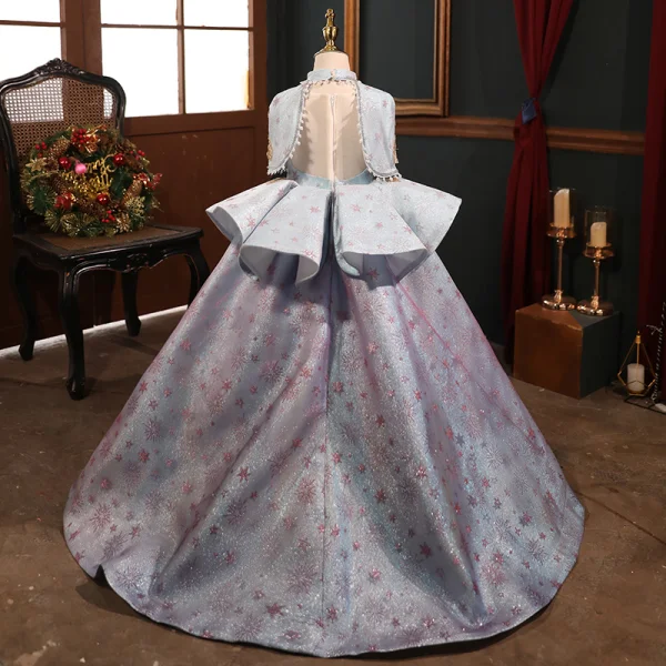 Elegant Purple Pearl Sequins Birthday Flower Girl Dresses 2022 Ball Gown Scoop Neck Cascading Ruffles Short Sleeve Floor-Length / Long Flower Girl Dresses