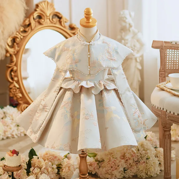 Fashion Pearl Lace Flower Birthday Short Flower Girl Dresses 2023 Ball Gown High Neck Cap Sleeves