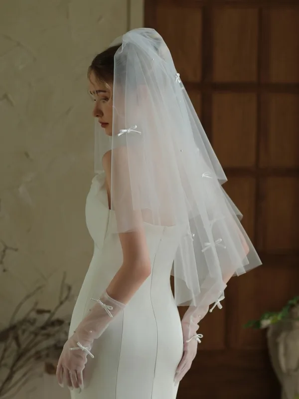 Élégant Blanche Fait main Noeud Mariage La Mariée Gants Mariage Voile De Mariée 2025 Tulle