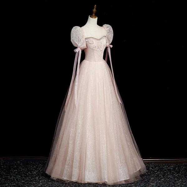 Élégant Rougissant Rose Perlage Faux Diamant Robe De Bal 2023 Princesse Encolure Dégagée Manches Courtes Noeud Dos Nu Longue Robe De Ceremonie